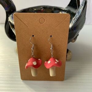 Handmade Mushroom Polymer Clay Dangle Earrings Matte in red and white color